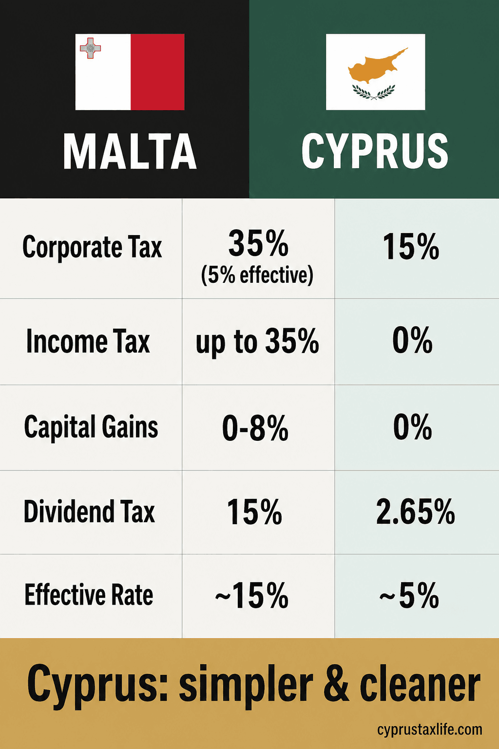 Cyprus vs Malta tax comparison 2026 - effective rate ~5% Cyprus Non-Dom vs ~5-15% in Malta